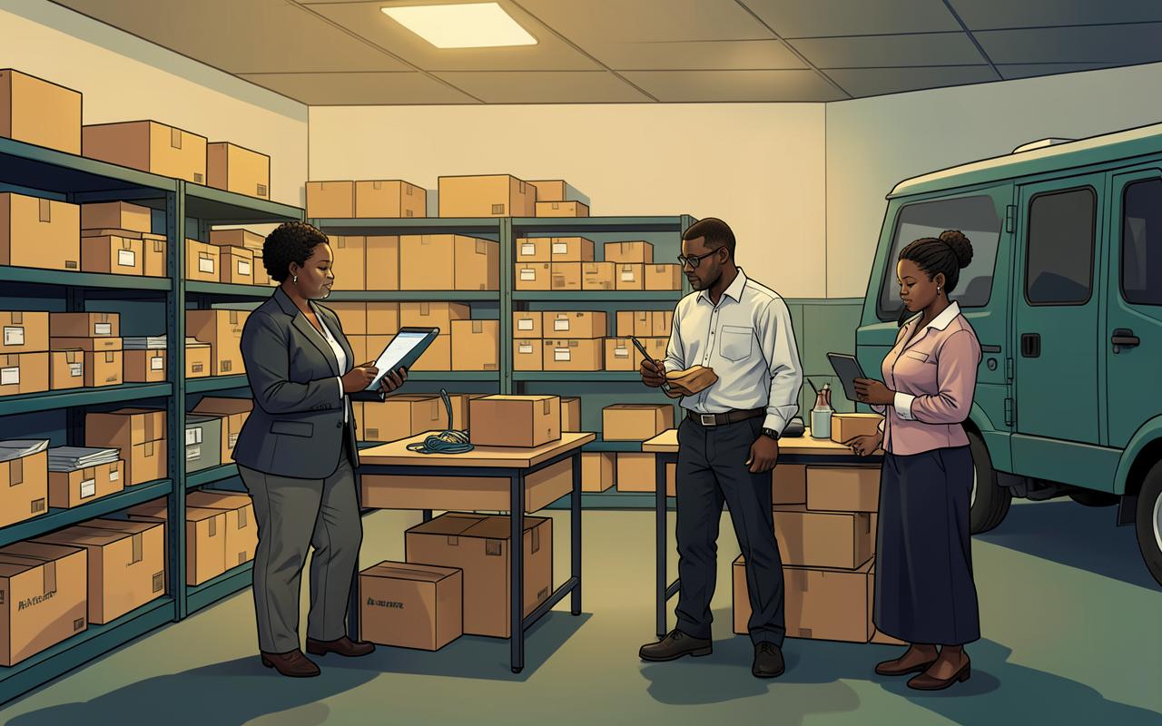 A logistics coordinator tracking goods through a busy distribution workspace. This illustrative team reflects the people and communities of Ghana.