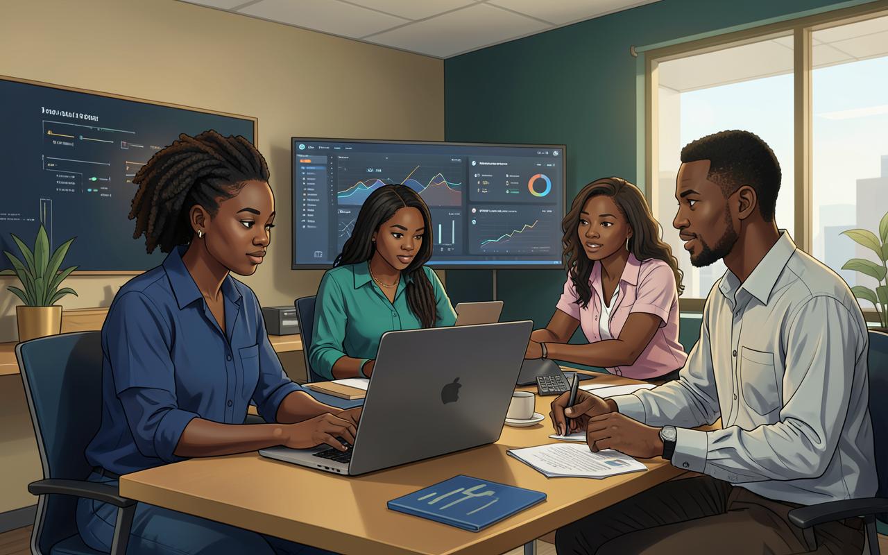 A web developer building and testing a site in a focused workspace. This illustrative team reflects the people and communities of Ghana.