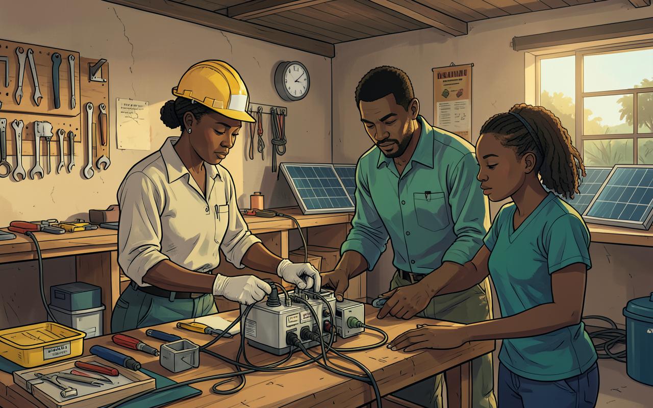 An industrial electrician inspecting equipment with protective gear. This illustrative team reflects the people and communities of Ghana.